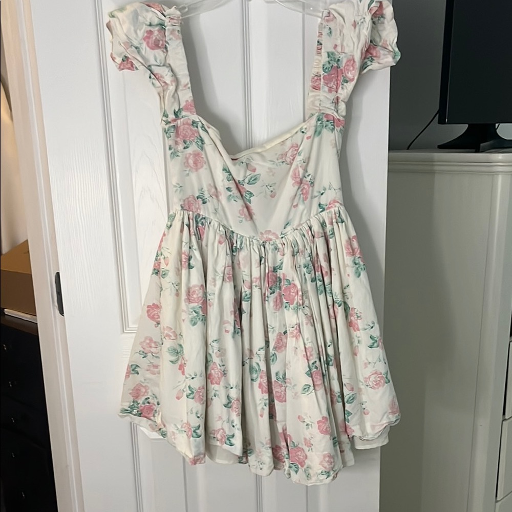 MARBLE Cream Floral Ruffle-Strap Mini Dress with Pink Roses